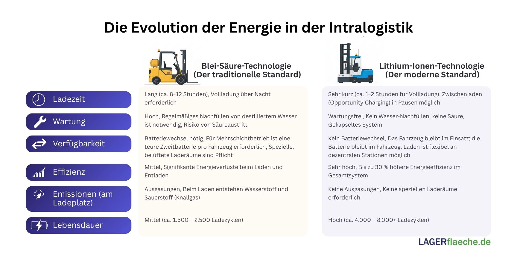 Infografik zum Vergleich von Blei-Säure- und Lithium-Ionen-Akkus in der Intralogistik, mit Unterschieden bei Ladezeit, Wartung und Effizienz.